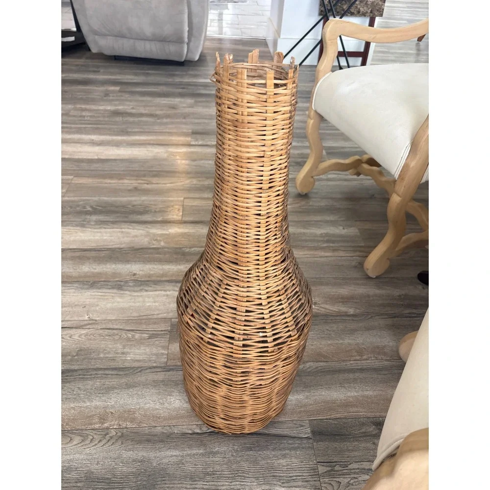 Vintage 60's Tall Woven Wicker Floor Vase Natural Rattan Boho